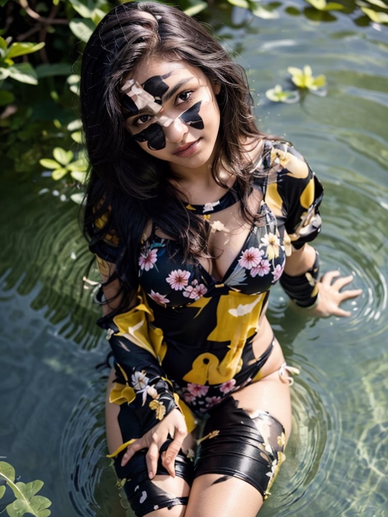 Exactly the image attached, Single Realistic 25 years old Beautiful young sri lankan woman, shiny honey skin tone, lovely face, nice blushing cheeks, round lower lip, long black shiny hair, nature background,floral clothes,natural light,she is wearing a floral bikini in a pond half sank, drone view from the top angle,Sexy Pose