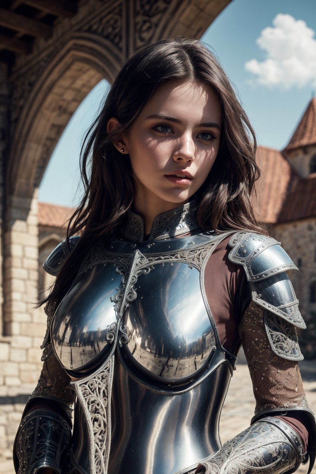(masterpiece), (extremely intricate:1.3), (realistic), portrait of a girl, the most beautiful in the world, (medieval armor), metal reflections, upper body, outdoors, intense sunlight, far away castle, professional photograph of a stunning woman detailed, sharp focus, dramatic, award winning, cinematic lighting, octane render, unreal engine, volumetrics dtx, (film grain)