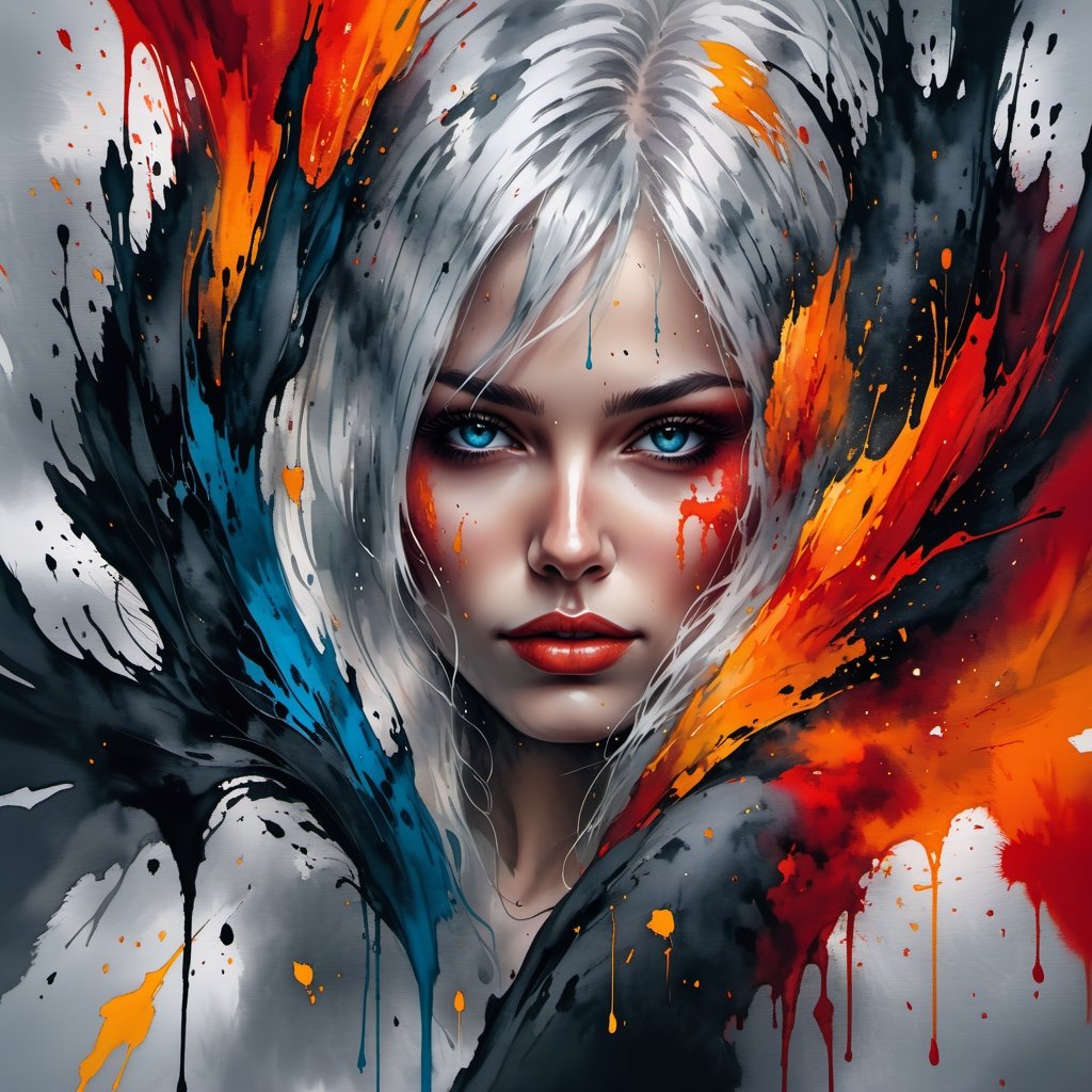 very beautiful woman, big breasts, abstract beauty with white hair and blue gray eyes, looking at the camera, approaching perfection, dynamic, red black and orange colors, very detailed, digital painting, artstation, concept art, sharp focus, illustration, art by Carne Griffiths and Vadim Kashin,<lora:659095807385103906:1.0>,<lora:659095807385103906:1.0>