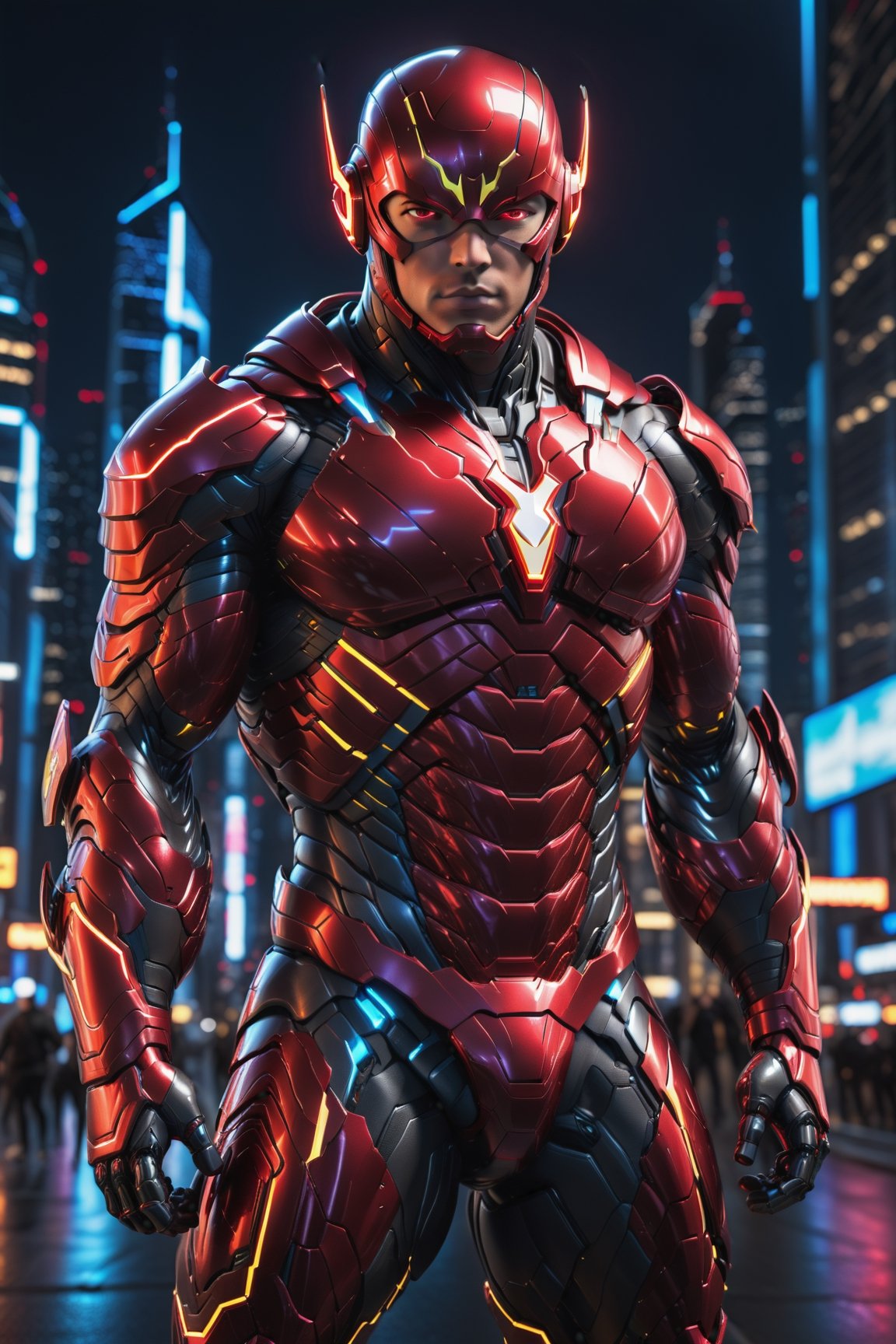 full body, facing camera, hero pose, looking at viewer, [Flash] 3D rendering, muscles, highly detailed eyes, perfect body, detailed with armor and neon cybernetics Light and dark red, night city background, intricately detailed , hdr, 8k, subsurface dispersion, specular lighting, high resolution, octane rendering, neon ray tracing,