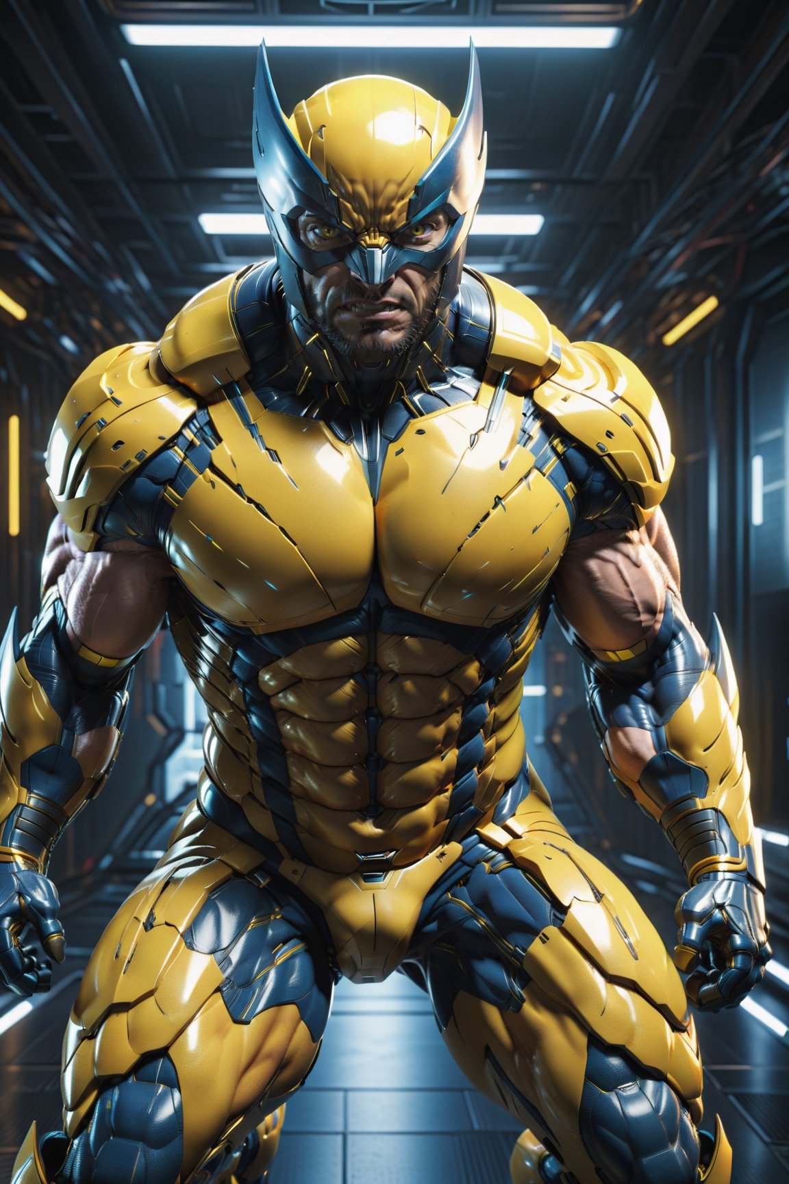 full body, facing the camera, hero pose, 3D rendering of [Wolverine], muscles, highly detailed eyes, highly detailed body with cybernetics and yellow and back armor, action pose, dynamic shot, intricately detailed, hdr, 8k, subsurface scatter , specular lighting, high resolution, octane rendering, ray tracing, neon,
