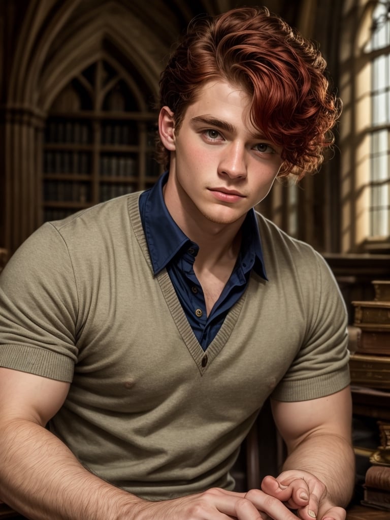 Smart fit man, Extremely detailed 25 years old Ron Wesley in Hogwarts, closeup, high detailing, red headed