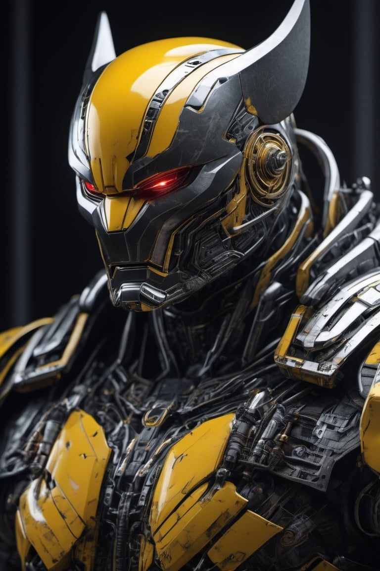 complex 3d render ultra detailed of a yellow wolverine wearing mech japan ornament armor, red eyes, cyborg, mask on, robotic parts, 150 mm, beautiful studio soft light, rim light, vibrant details, luxurious, lace, hyperrealistic, anatomical, facial muscles, cable electric wires, microchip, elegant, japanese background, octane render, H. R. Giger style, 8k, best quality, masterpiece, illustration, an extremely delicate and brave, extremely detailed ,CG ,unity ,wallpaper, (realistic, photo-realistic:1.37),Amazing, finely detail, masterpiece,best quality,official art, extremely detailed CG unity 8k wallpaper, absurdres, incredibly absurdres, robot, full body, sitting, mech armor