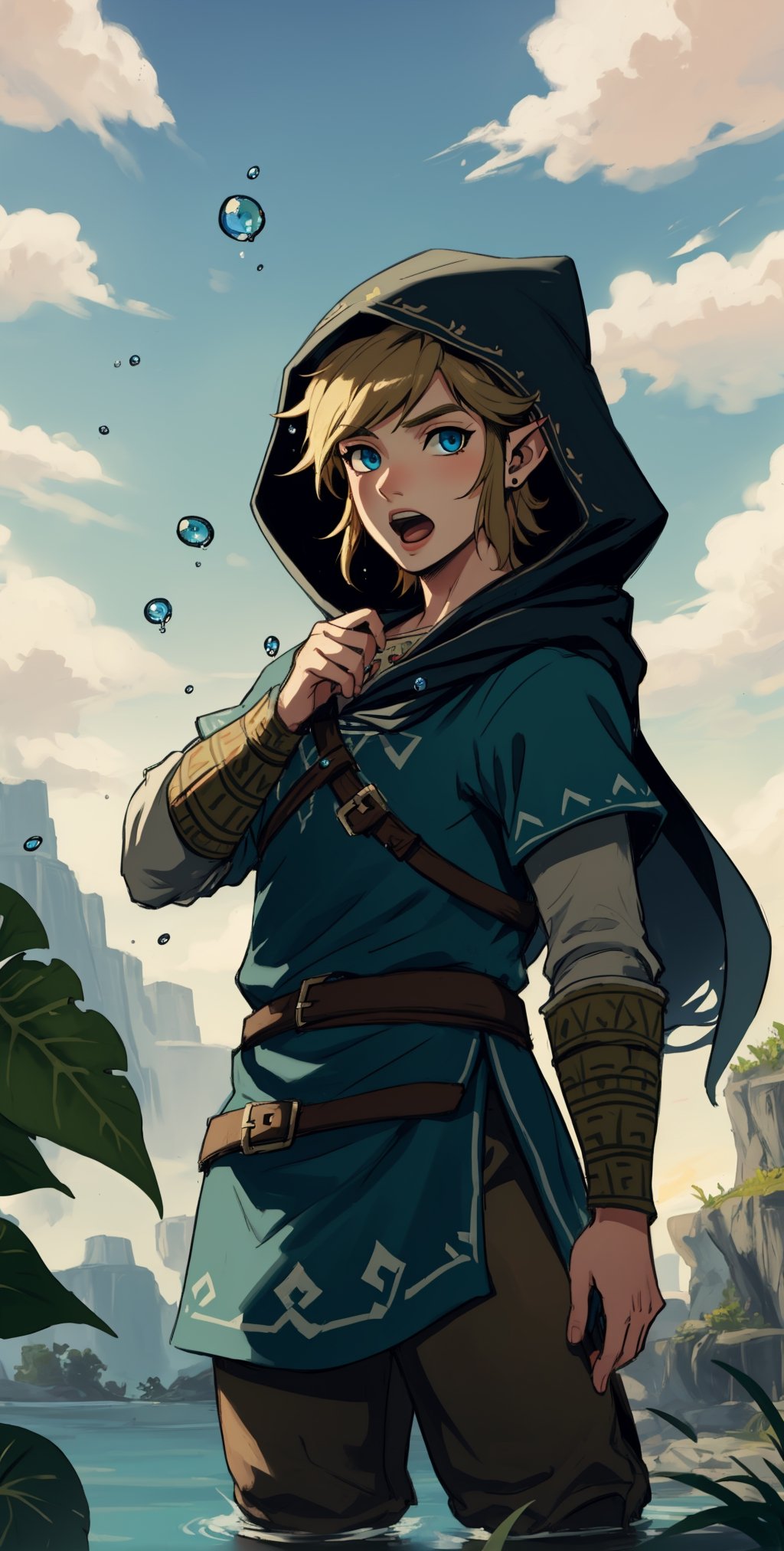 link, the legend of zelda, the legend of zelda: breath of the wild, 1boy, blue eyes, blue tunic, hood, hood up, leaf, light brown hair, looking at viewer, male focus, nature, open mouth, pointy ears, solo, water drop,  ((masterpiece)) 