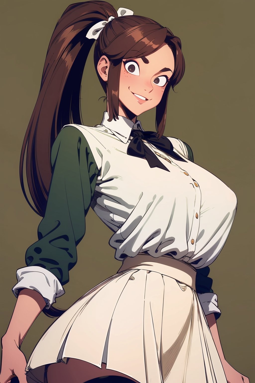 (masterpiece, best quality, ultra-detailed, 8K), 1girl, large breasts, looking at viewer, horror theme, creepy smile, alley background, fashion pose, BROWN EYES, BROWN HAIR, HAIR RIBBON, HIGH PONYTAIL, WHITE SHIRT, GREEN SKIRT, BLACK THIGH-HIGHS, sketch style