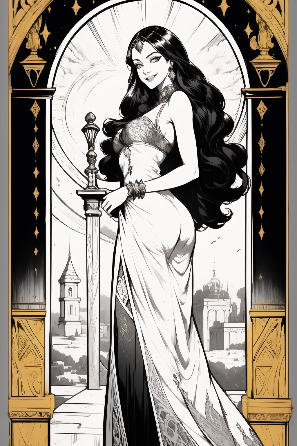 (best quality), (masterpiece), detailed, 1girl, long dress, long hair, jewelry, looking at viewer, palace scenery, golden eyes, tarot art, smirk, monochrome, sketch, greyscale, fantasy