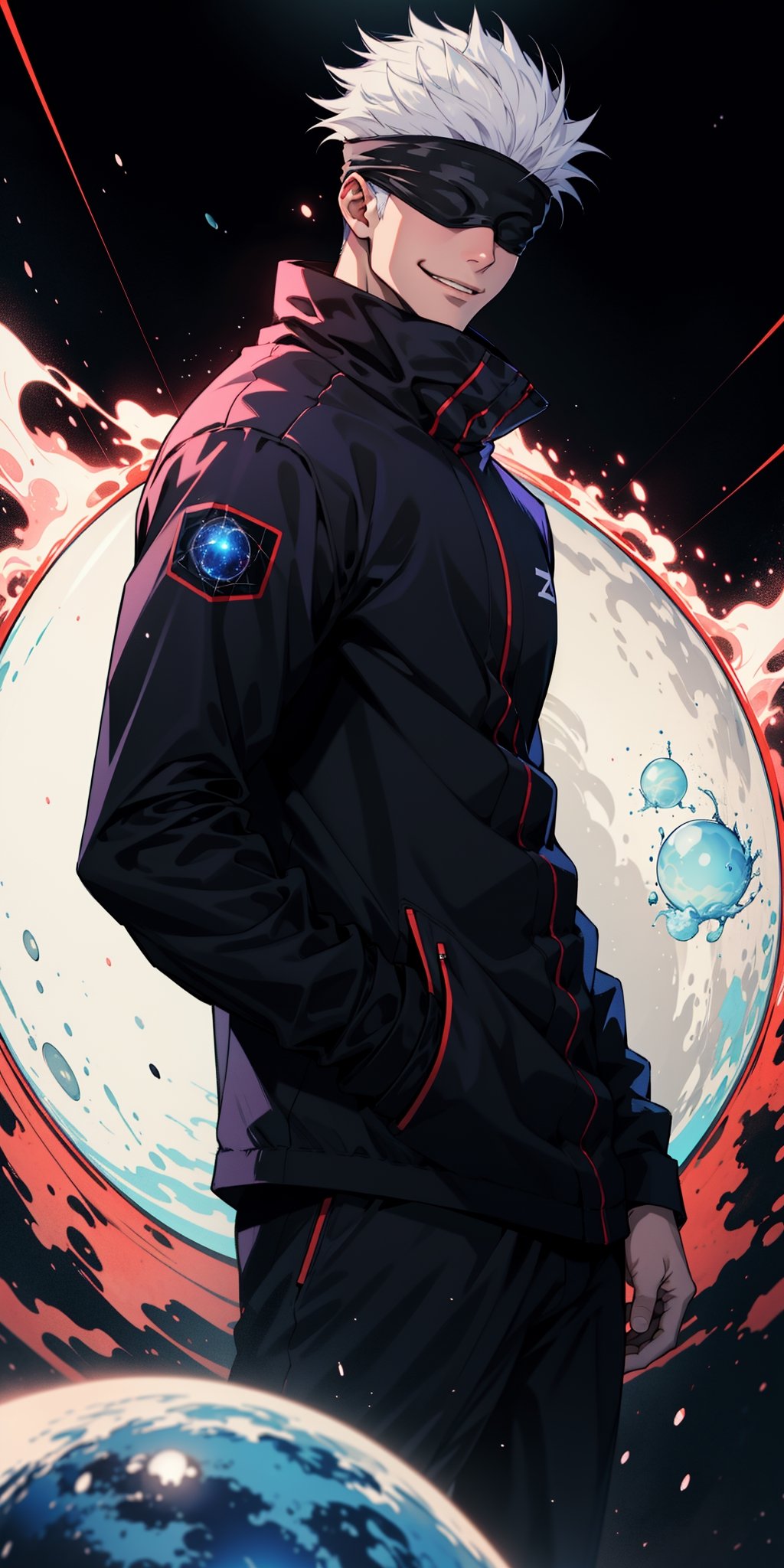 1boy, satoru gojo, blindfold, black jacket, white hair, standing, cowboy_shot, floating red energy sphere, floating blue energy sphere, smirk, black universe background, wallpaper, cinematic