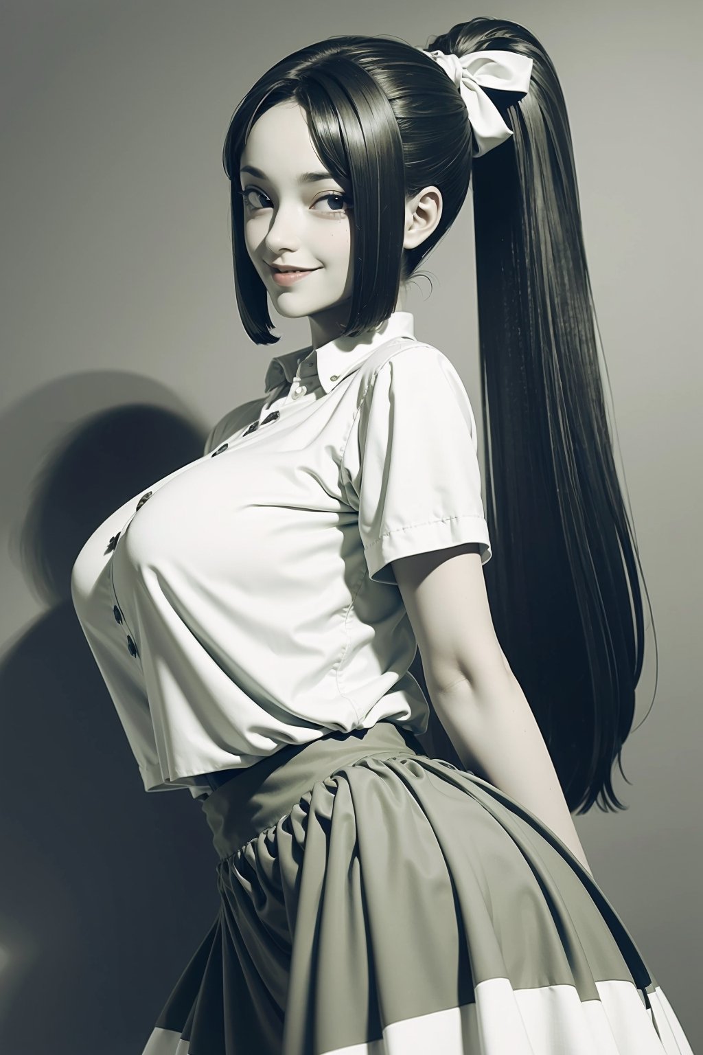 (masterpiece, best quality, ultra-detailed, 8K), 1girl, large breasts, looking at viewer, horror theme, creepy smile, alley background, fashion pose, BROWN EYES, BROWN HAIR, HAIR RIBBON, HIGH PONYTAIL, WHITE SHIRT, GREEN SKIRT, BLACK THIGH-HIGHS, (sketch style, monochrome, greyscale)