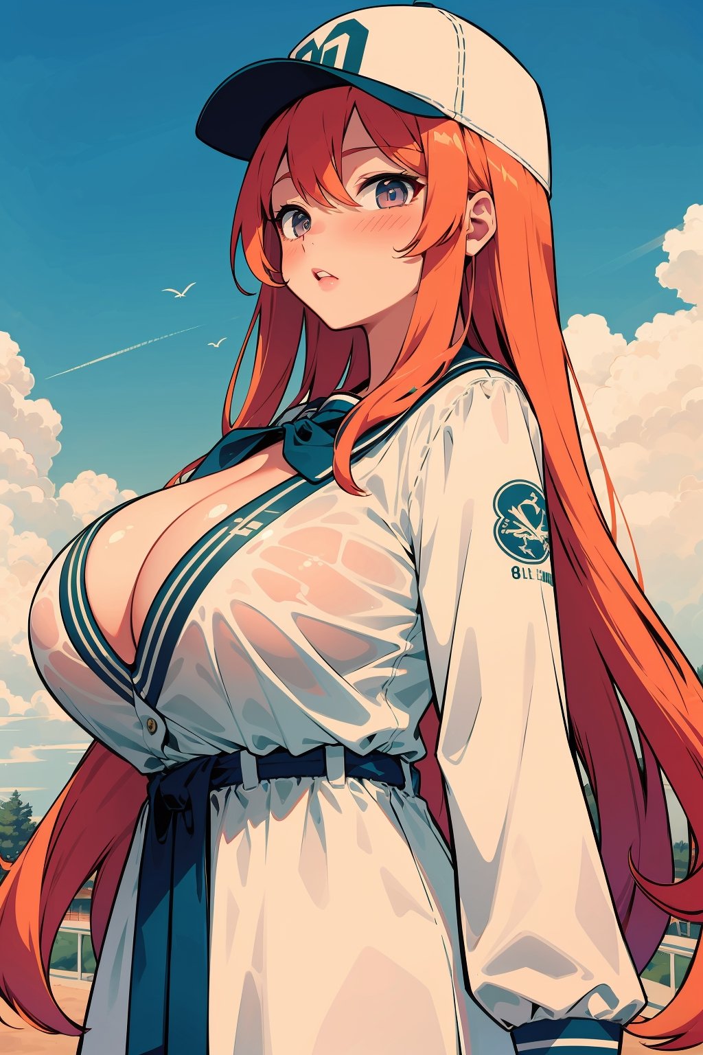 (masterpiece, best quality, ultra-detailed, 8K), 1girl, (gigantic breasts:1.4, giant breasts:1.4, hyper breasts:1.3, huge breasts), bursting breasts, cleavage, looking at viewer, orange hair, long hair, baseball cap, blush, embarrassed, outdoors scenery, fashion pose, schoolgirl uniform, long sleeves, standing, cowboy_shot, pastel colors, kawaii, cute, colorful