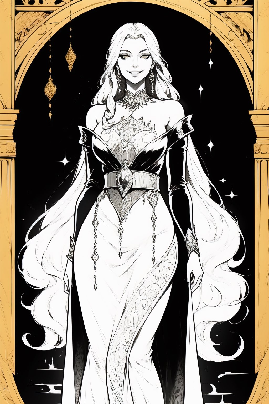 (best quality), (masterpiece), detailed, 1girl, long dress, long hair, jewelry, looking at viewer, palace scenery, golden eyes, tarot art, smirk, monochrome, sketch, greyscale, fantasy