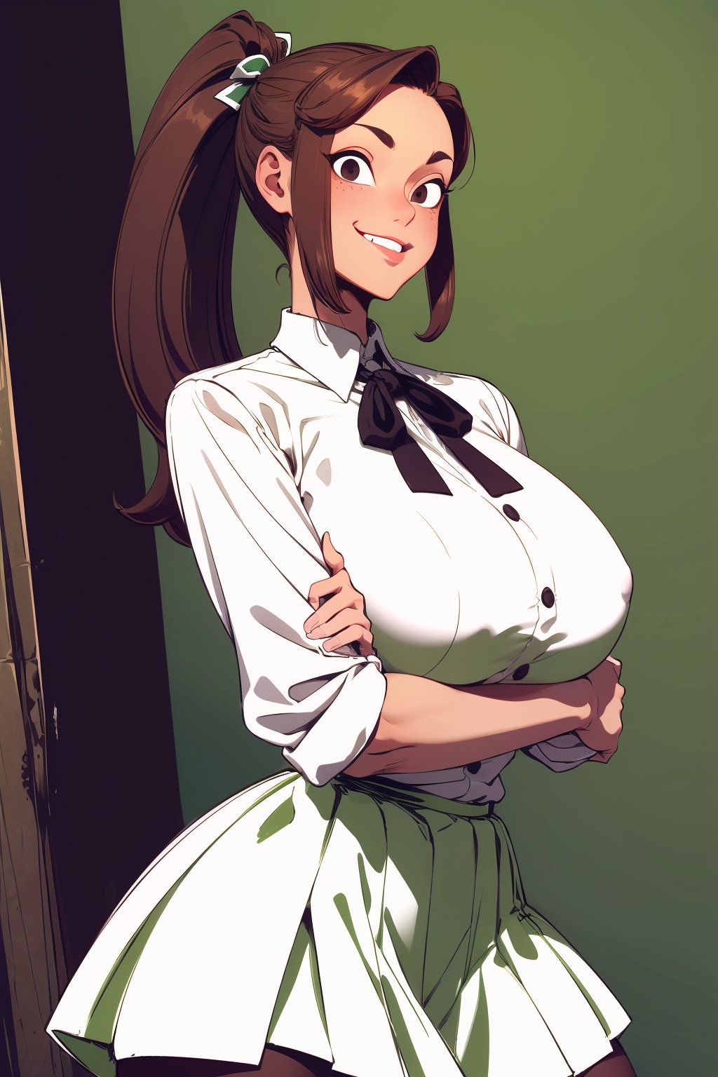 (masterpiece, best quality, ultra-detailed, 8K), 1girl, large breasts, looking at viewer, horror theme, creepy smile, alley background, fashion pose, BROWN EYES, BROWN HAIR, HAIR RIBBON, HIGH PONYTAIL, WHITE SHIRT, GREEN SKIRT, BLACK THIGH-HIGHS, sketch style