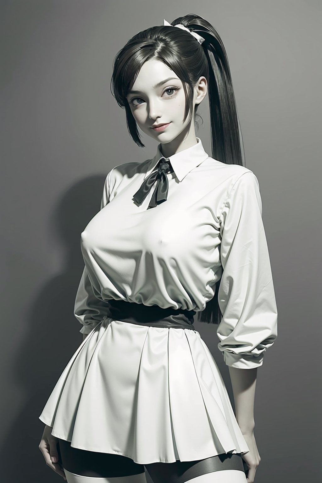 (masterpiece, best quality, ultra-detailed, 8K), 1girl, large breasts, looking at viewer, horror theme, creepy smile, alley background, fashion pose, BROWN EYES, BROWN HAIR, HAIR RIBBON, HIGH PONYTAIL, WHITE SHIRT, GREEN SKIRT, BLACK THIGH-HIGHS, (sketch style, monochrome, greyscale)