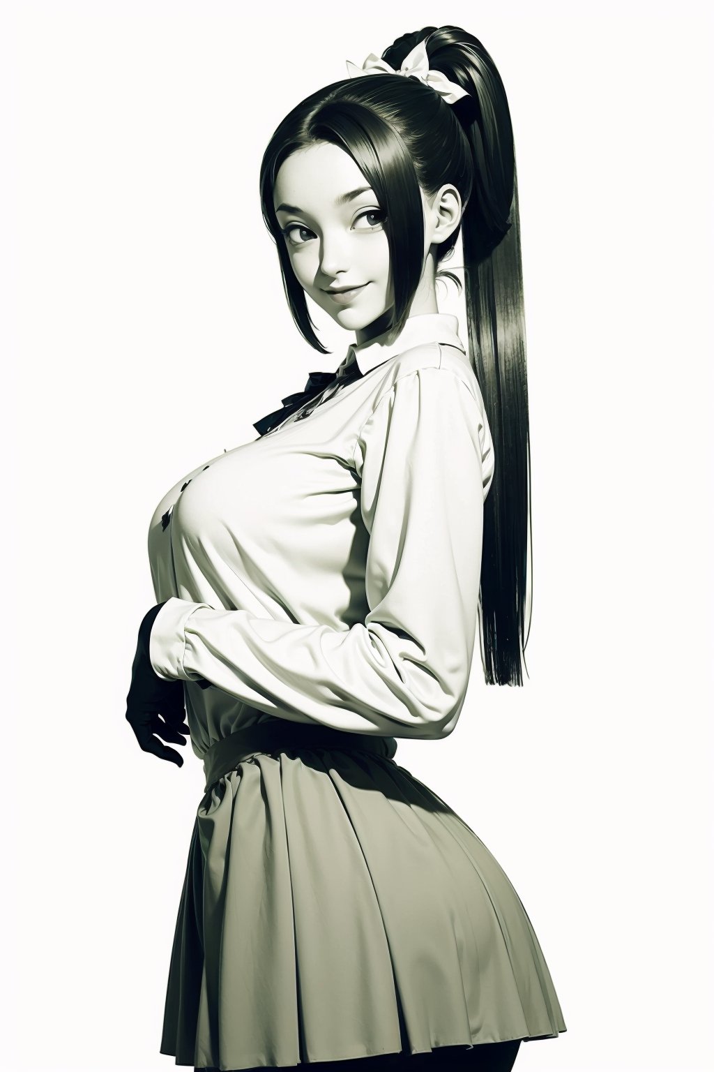 (masterpiece, best quality, ultra-detailed, 8K), 1girl, large breasts, looking at viewer, horror theme, creepy smile, alley background, fashion pose, BROWN EYES, BROWN HAIR, HAIR RIBBON, HIGH PONYTAIL, WHITE SHIRT, GREEN SKIRT, BLACK THIGH-HIGHS, (sketch style, monochrome, greyscale)