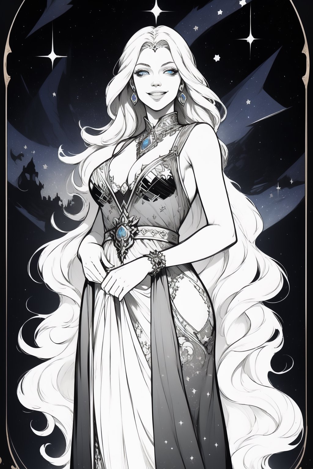 (best quality), (masterpiece), detailed, 1girl, long dress, long hair, jewelry, looking at viewer, palace scenery, blue eyes, perfect eyes, starry sky, tarot art, smirk, monochrome, sketch, greyscale, fantasy