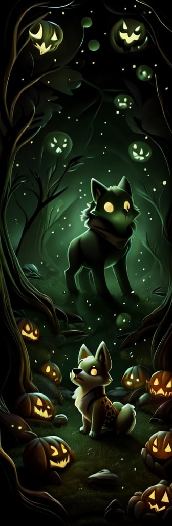 1

A small, trembling wolf pup with shaggy fur the color of sage green, lost in a foggy and haunted forest. Its eyes dart around nervously, searching for a way out. Suddenly, it spots a graveyard in the distance, sending shivers down its spine. The pup clutches onto its old, tattered green neck bandana for comfort, but it knows it's in for a spooky adventure.