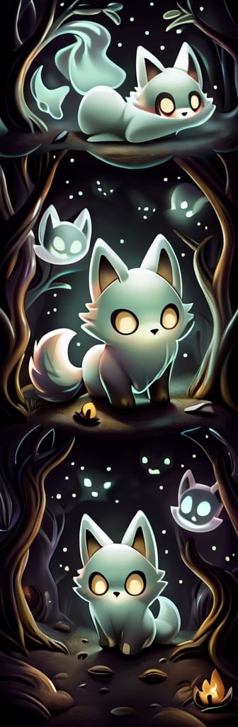 a cute scared wolf pup with sage colored fur lost in a haunted foggy forest, Chibi, sage, fog, ghosts,forest