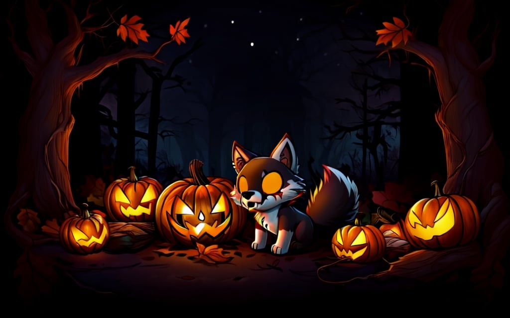 Comic_Strip, a cute scared wolf pup lost in a haunted forest, autumn_leaves, wolf, chibi, night, spooky,cute00d,Jack o 'Lantern