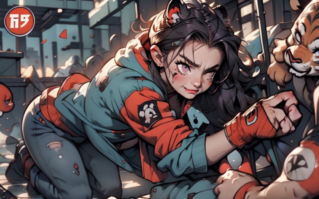 Comic, kawaii, master piece, werewikf in an abandoned zombie filled city, red_panda_hood, paw_gloves, Fur_boots, animal_marking, face_paint, chocolate_hair, violet_eyes, furry_jacket,yofukashi background, zombies,hinata,1990s \(style\),kusanagi motoko,city,chundef, action_pose, battle_stance, back_pack,running,teenage , ripped_clothing, bloody_clothes, sweatpants,Circle,vectorstyle, happy_face, hungry,cammy sf6,c.c.,manga,manwha,chara-sheet