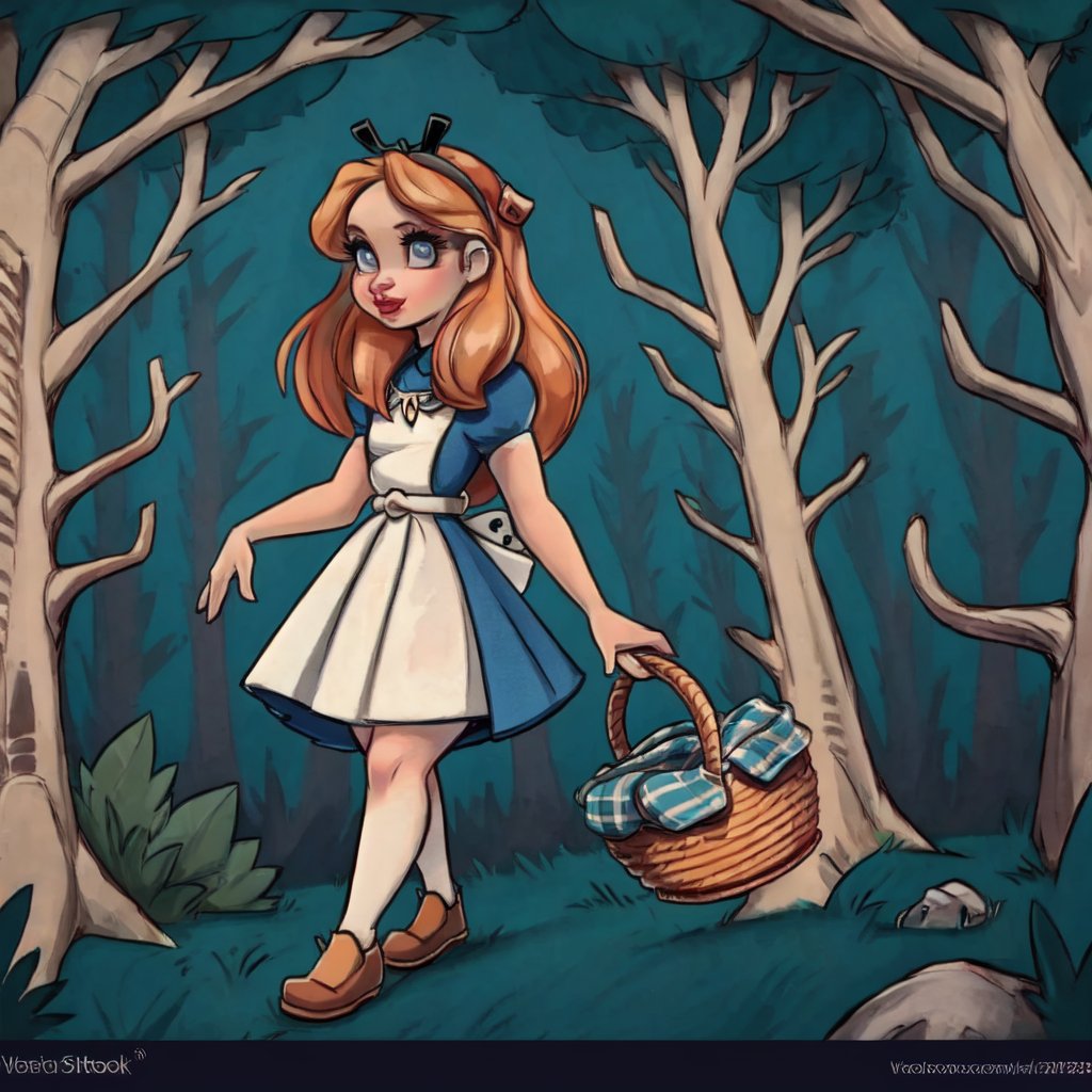 1930s (style), kawaii, little red riding hood as an antheromorphic red wolf walking through the woods holding a basket,AliceWonderlandWaifu
