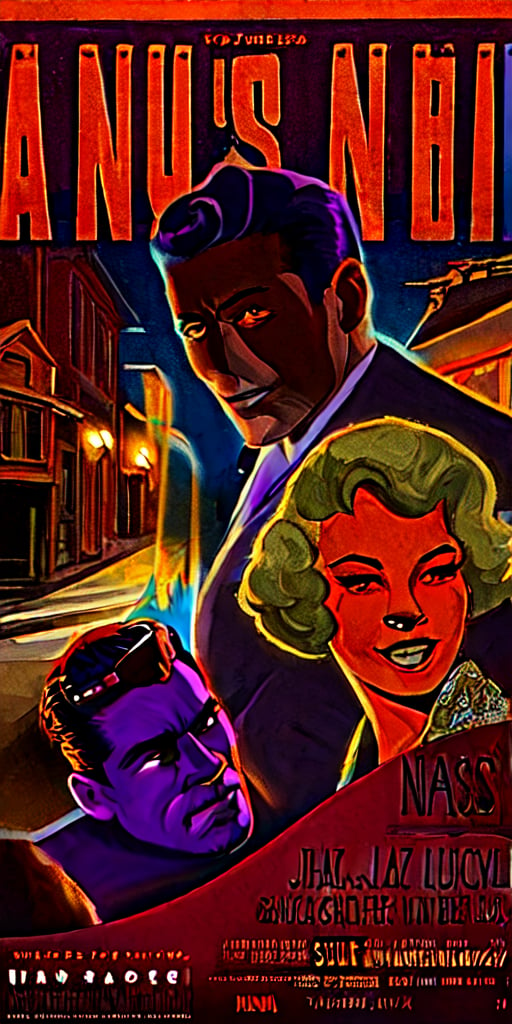 a 1950s paranormal 1920s gangster murder mystery movie poster "Janus Nash and a Haunted New Year. Series: The Ghosts of Lucille", a cold creepy snow-covered town, the shadowy-faced hiding in the shadows with a scared beautiful young red-headed female, fox, jazz singer ghost in the distance path, accentuated black lines, 8k resolution, professional, unsettling shadows,