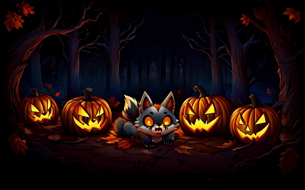 Comic_Strip, a cute scared wolf pup lost in a haunted forest, autumn_leaves, wolf, chibi, night, spooky,cute00d,Jack o 'Lantern