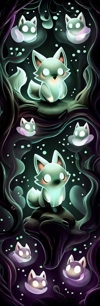 a cute scared wolf pup with sage colored fur lost in a haunted foggy forest, Chibi, sage, fog, ghosts,forest