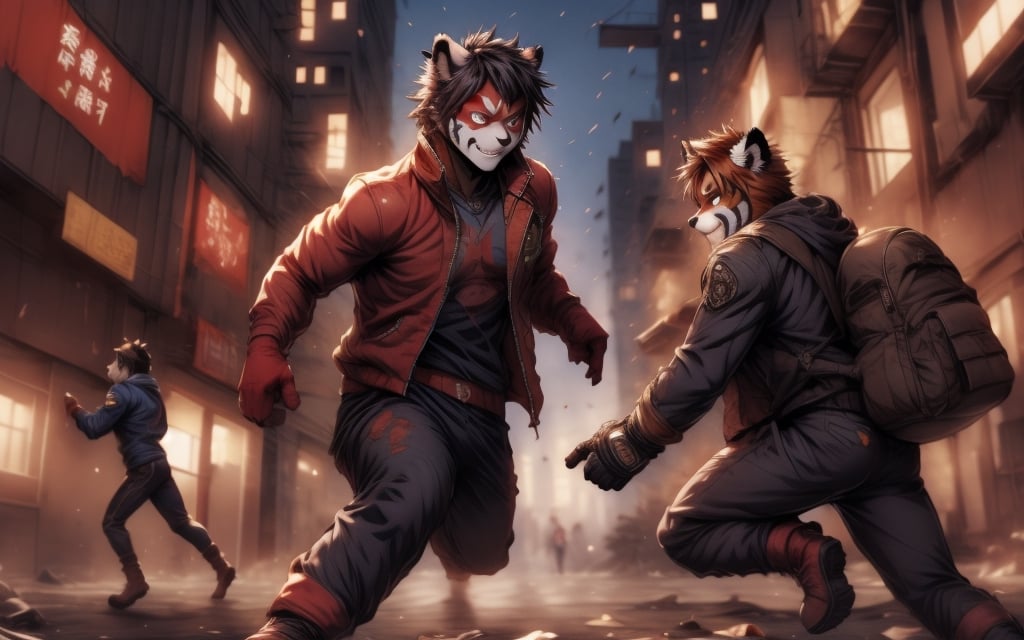 Comic, kawaii, master piece, werewikf in an abandoned zombie filled city, red_panda, paw_gloves, Fur_boots, animal_marking, face_paint, chocolate_hair, violet_eyes, furry_jacket,yofukashi background, zombies,hinata,1990s \(style\),kusanagi motoko,city,chundef, action_pose, battle_stance, back_pack,running,teenage , ripped_clothing, bloody_clothes, sweatpants,Circle,vectorstyle, happy_face, hungry,cammy sf6,c.c.,manga,manwha,chara-sheet