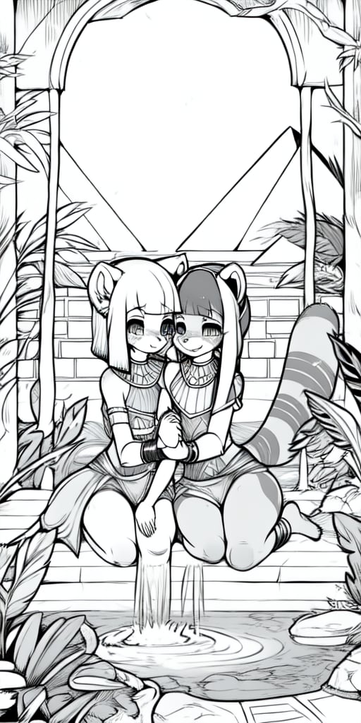 An injured happy female red_panda sitting in a Sami-Egyptian slum with her anubian_jackal boyfriend, line_art, Black_and_white, manga, 1_page, happy, boyfriend, hand_holding, hugging, ancient_egypt, egyptian loli (surio), loin_cloth, golden_jewelery, protected, sit, fountain, holding_knees, jungle, foliage, love, curvy_figure, b&w, ruin, high_res