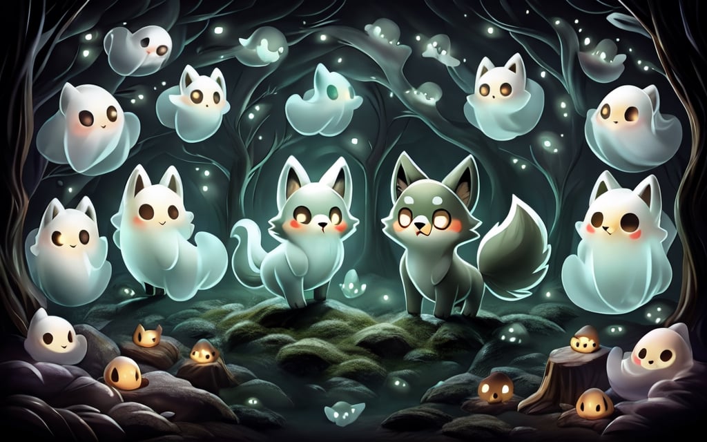 a cute scared wolf pup with sage colored fur lost in a haunted foggy forest, Chibi, sage, fog, ghosts,forest