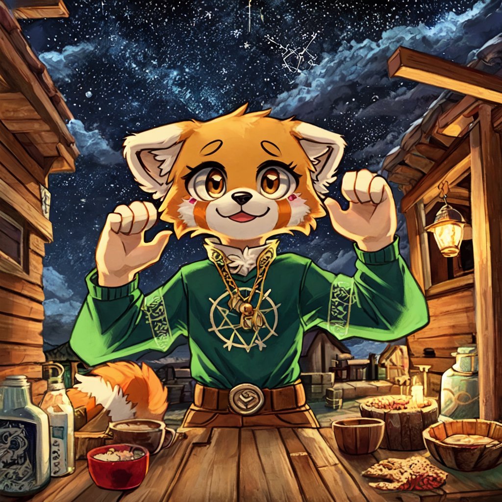 1930s (style), kawaii, a full-body portrait of an anthropomorphic male golden retriever with red panda fur markings fursuit, with glowing celestial constellation face tattoos wearing a bohemian-style outfit, with a mix of Yakut and Sami symbolism embroidered on his shirt, surrounded by the rustic beauty of a Welsh village, complex lighting and shadows,FFIXBG