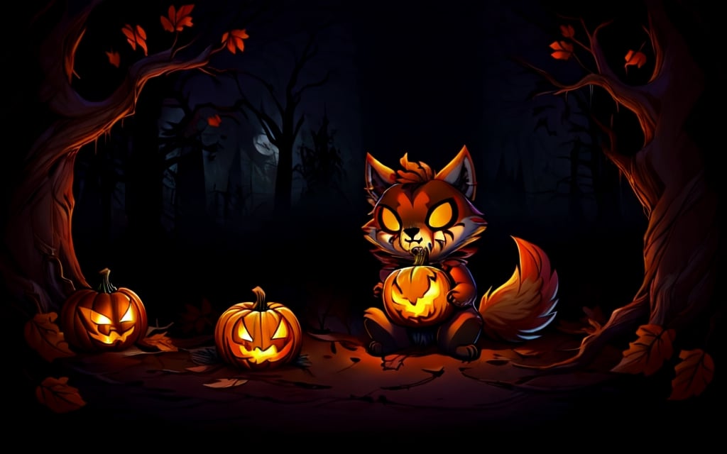 Comic_Strip, a cute scared wolf pup lost in a haunted forest, autumn_leaves, wolf, chibi, night, spooky,cute00d,Jack o 'Lantern