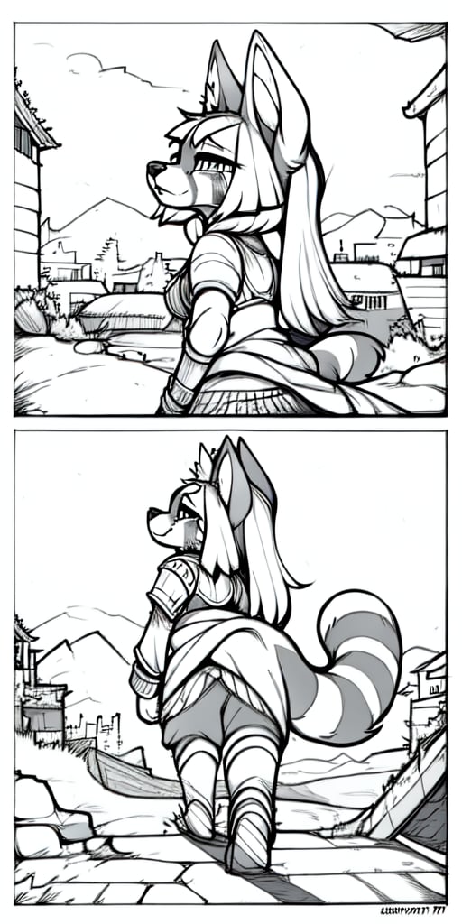 A scarred red panda girl lost in a Sami-Egyptian slum running for armored Jackal evil guards, line_art, Black_and_white, manga, 1_page