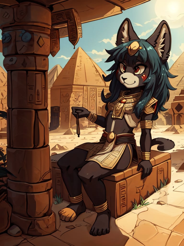 1930s (style), kawaii, male, crazy, red_panda, ancient_egyptian, dark_hair, purple_eyes, anthromorph, high_resolution, digital_art, cute_fang, golden_jewelry, messy_hair, curvy_figure, body scars, tummy, outdoors, Red_fur, chest_fluff, relaxing, fore_paws, loin_cloth,Building_Egyptian, tunic, foot-pads, Cyber_Egypt, red_black_white_fur, animal_markings,kusanagi motoko,star shaped pupils, smiling, cute_fang,Cyber_Egypt, relaxing, water, laying_down