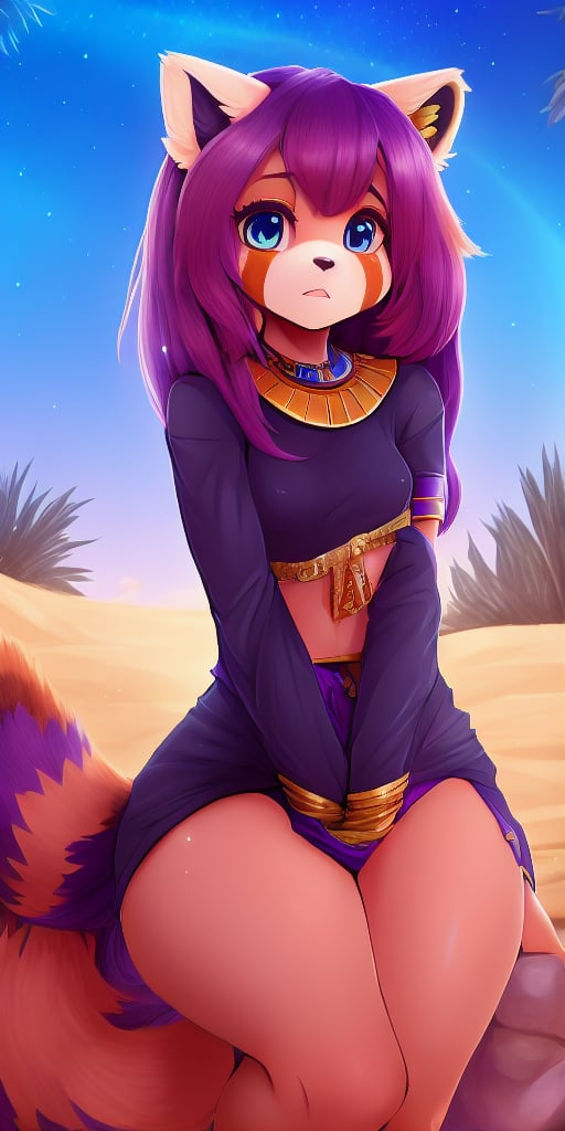 A young Red Panda girl is forced to walk across the desert to be left alone until she locates an isolated oasis. 3_Comic Strip, Nighttime, raining, beauty, red_panda, ancient_egyptian, 1girl, vegetation, water, lavender_hair, blue_eyes, anthromorph, sand, high_resolution, digital_art, red_fur, fruits, cute_fang, golden_jewelry, messy_hair, curvy_figure, stars_(sky), sitting_down, emprisoned, lonely, loin_cloth, afraid