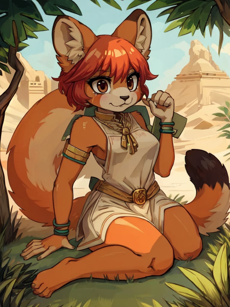 1930s (style), kawaii, male, crazy, red_panda, ancient_egyptian, dark_hair, purple_eyes, anthromorph, high_resolution, digital_art, cute_fang, golden_jewelry, messy_hair, curvy_figure, body scars, tummy, outdoors, Red_fur, chest_fluff, relaxing, fore_paws, loin_cloth,Building_Egyptian, tunic, foot-pads, Cyber_Egypt, red_black_white_fur, animal_markings,kusanagi motoko,star shaped pupils, smiling, cute_fang,Cyber_Egypt, relaxing, water, sitting_down, tiny_male,leg_spread, tiny_penis, naked