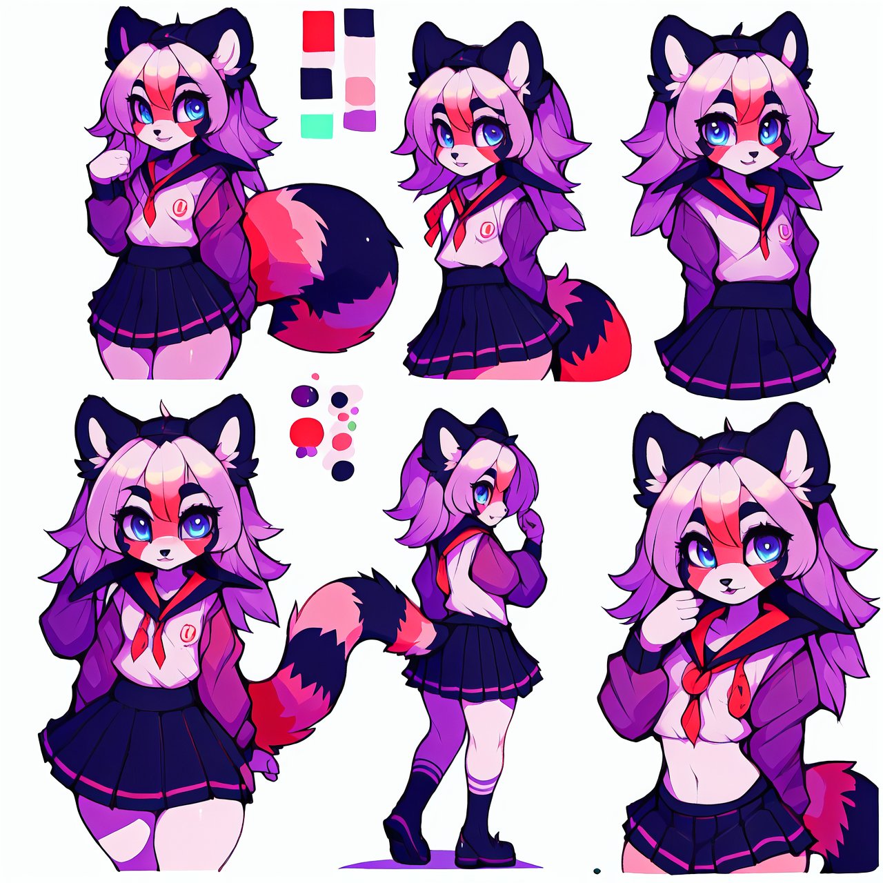 (CharacterSheet:1), sexy,red_panda,school_girl, lavender_hair, blue_eyes, anthromorph, high_resolution, digital_art, cute_fang, golden_jewelry, messy_hair, curvy_figure, body scars,school_uniform, (multiple views, full body, upper body, reference sheet:1), back view, front view,(white background, simple background:1.2),(dynamic_pose:1.2),(masterpiece:1.2), (best quality, highest quality), (ultra detailed), (8k, 4k, intricate), (50mm), (highly detailed:1.2),(detailed face:1.2), detailed_eyes,(gradients),(ambient light:1.3),(cinematic composition:1.3),(HDR:1),Accent Lighting,extremely detailed,original, highres,(perfect_anatomy:1.2),  