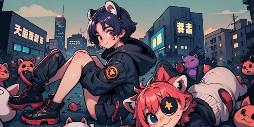 1930s (style), Comic, kawaii, master piece, beautiful boy in an abandoned zombie filled city, red_panda, paw_gloves, Fur_boots, animal_marking, face_paint, chocolate_hair, violet_eyes, furry_jacket,yofukashi background, zombies,hinata,1990s \(style\),kusanagi motoko,city,chundef, action_pose, battle_stance, back_pack,running,teenage , ripped_clothing, bloody_clothes, sweatpants,Circle,vectorstyle, happy_face, hungry,cammy sf6,c.c.,manga,manwha,chara-sheet, animal_tail