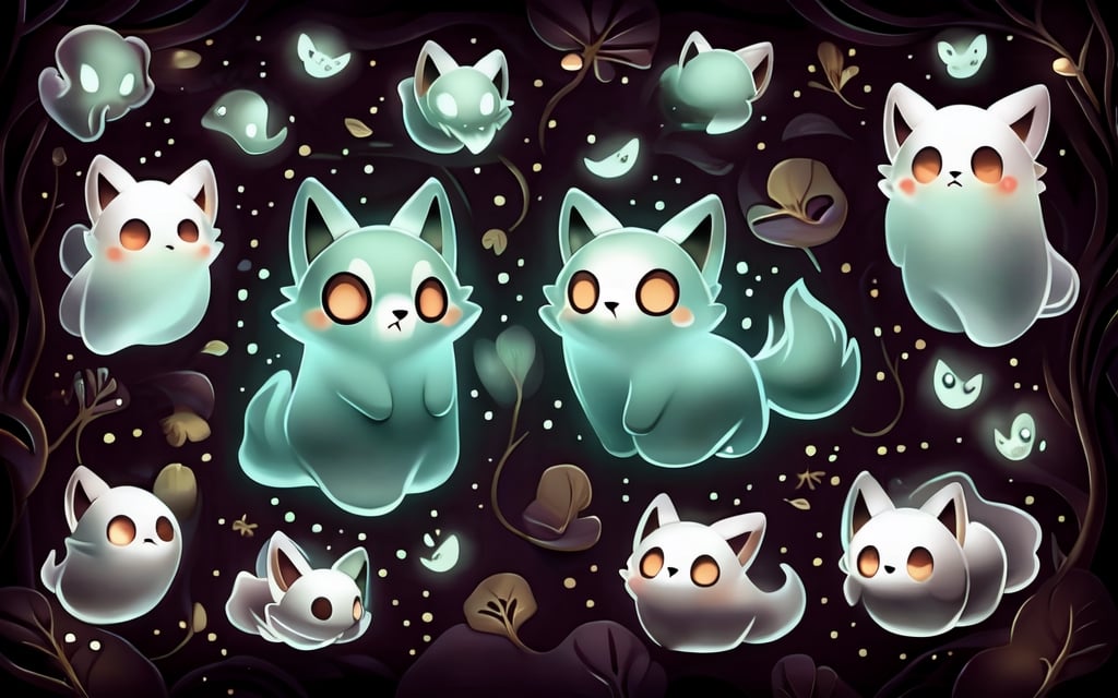 a cute scared wolf pup with sage colored fur lost in a haunted foggy forest, Chibi, sage, fog, ghosts,forest