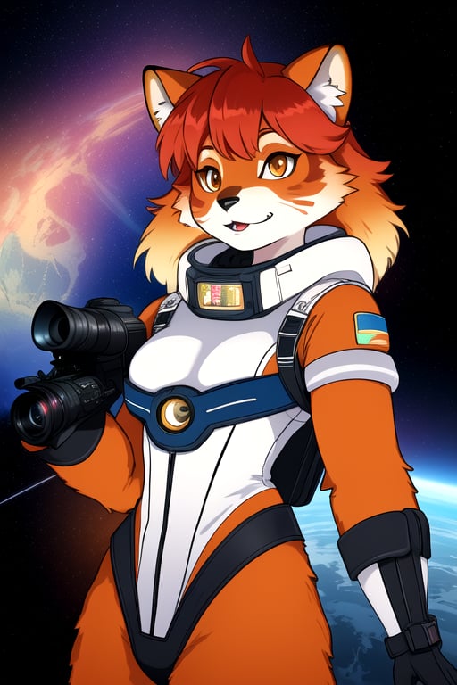 Galali, a kemono furry suit of a red panda golden retriever hybrid with glowing celestial constellation markings fully body portray wearing a bohemian space suit, with Sami symbolism embroidered on his shirt, surrounded by the dieselpunk space station orbiting Uranus, complex lighting and shadows, Cute and fluffy, Brass jewelry, shiny, sunlight fractal details, depth of field, detailed gorgeous face, Sci-Fi environment, natural body posture, professional photographer, captured with professional DSLR camera, 64k, ultra-detailed, ultra-accurate detailed, bokeh lighting, surrealism, ultra unreal engine, intricate, epic,