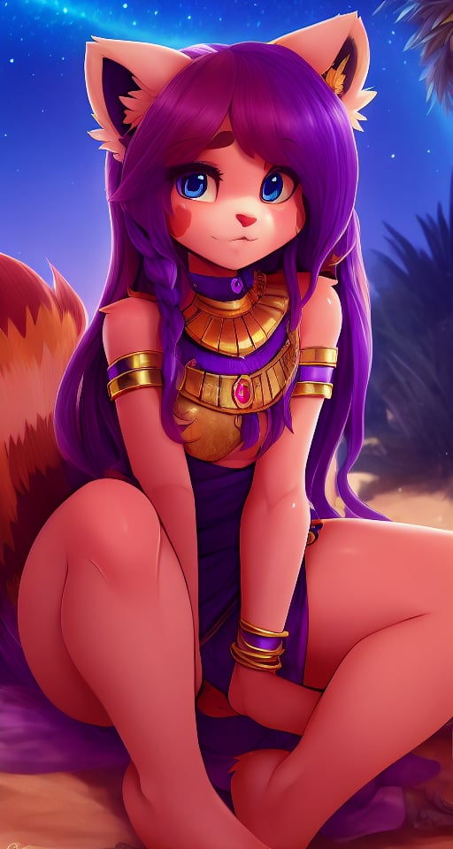 3_Comic Strip, Nighttime, raining, beauty, red_panda, ancient_egyptian, 1girl, vegetation, water, lavender_hair, blue_eyes, anthromorph, sand, high_resolution, digital_art, red_fur, fruits, cute_fang, golden_jewelry, messy_hair, curvy_figure, stars_(sky), sitting_down, emprisoned, lonely