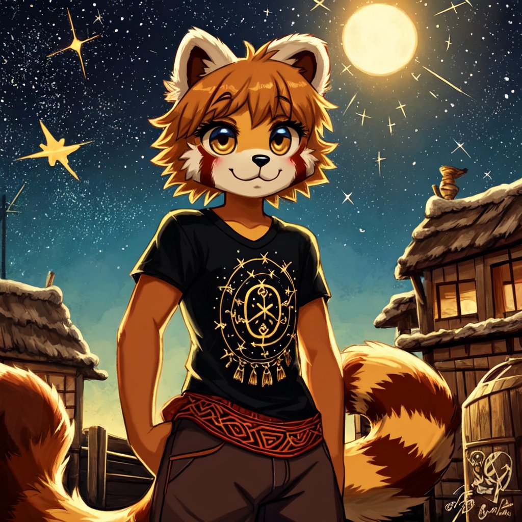 1930s (style), kawaii, a full-body portrait of an anthropomorphic male golden retriever with red panda fur markings fursuit, with glowing celestial constellation face tattoos wearing a bohemian-style outfit, with a mix of Yakut and Sami symbolism embroidered on his shirt, surrounded by the rustic beauty of a Welsh village, complex lighting and shadows
