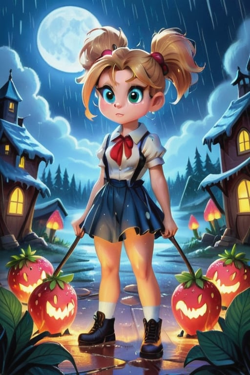 a book cover for a  1990s juvenile cartoon horror with letters that look like melted wax for "Grim Night, by J.R. Ghostwood" a young woman of 14 with short strawberry blonde hair tied up in messy ponytails and ember eyes armed with an Epee and miner's lanterns in cold barren island 1850s town at night during a terrible storm who is being hunted by Vampires, masterpiece, best quality,comic_book_cover, lycanthrope, amber_eyes, windy, raining, pink_hair,Extremely Realistic,3d style,Apoloniasxmasbox