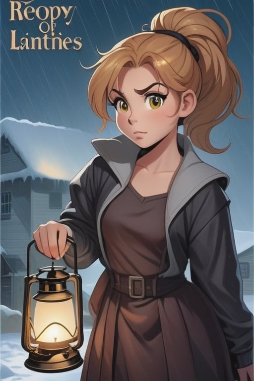 a book cover for a  1990s juvenile cartoon horror with letters that look like melted wax for "Grim Night, by J.R. Ghostwood" a young woman of 14 with short strawberry blonde hair tied up in messy ponytails and ember eyes armed with an Epee and miner's lanterns in cold barren island 1850s town at night during a terrible storm who is being hunted by Vampires, masterpiece, best quality,comic_book_cover, lycanthrope, amber_eyes, windy, raining