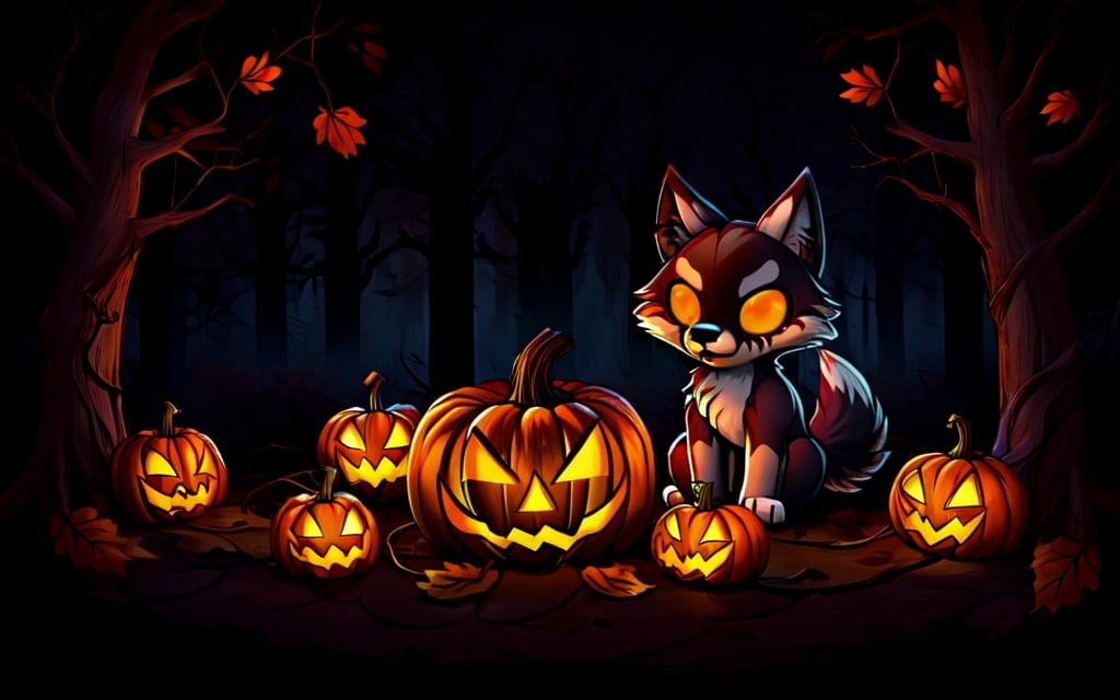 Comic_Strip, a cute scared wolf pup lost in a haunted forest, autumn_leaves, wolf, chibi, night, spooky,cute00d,Jack o 'Lantern