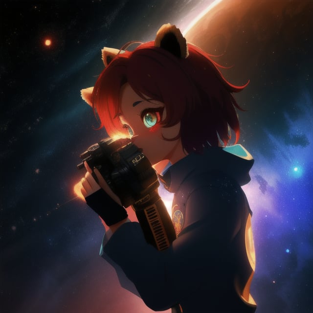 Galali, a male kawaii furry suit of a red panda golden retriever hybrid with glowing celestial constellation markings fully body portray wearing a bohemian space suit, with Sami symbolism embroidered on his shirt, surrounded by the dieselpunk space station orbiting Uranus, complex lighting and shadows, Cute and fluffy, Brass jewelry, shiny, sunlight fractal details, depth of field, detailed gorgeous face, Sci-Fi environment, natural body posture, professional photographer, captured with professional DSLR camera, 64k, ultra-detailed, ultra-accurate detailed, bokeh lighting, surrealism, ultra unreal engine, intricate, epic,	 SILHOUETTE LIGHT PARTICLES