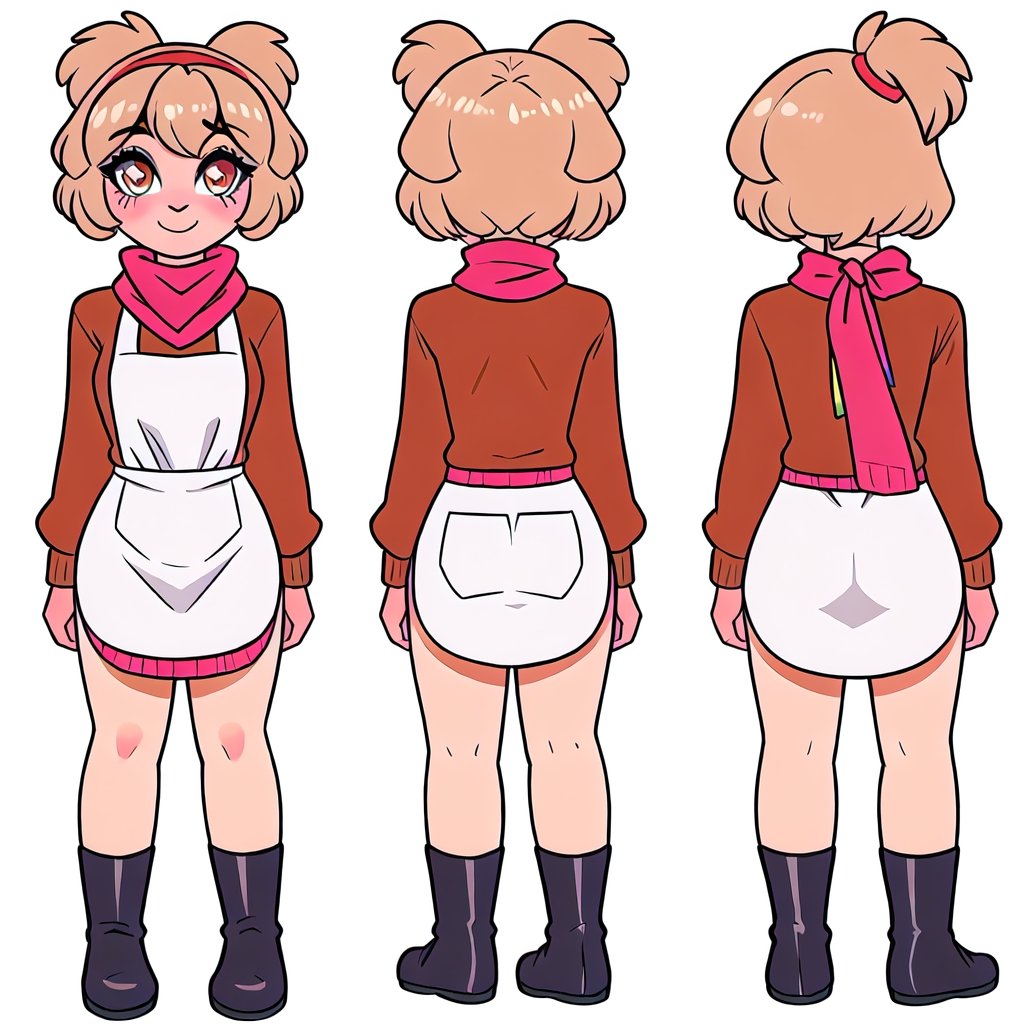 1930s (style), silly, sassy, young, girl, sixteen years old, short _hair, copper-blonde_ hair,  messy ponytail, ember_eyes, cream and red hand-knitted wool sweater, leather apron, pink rainbow scarf, white background, character sheet, front view, side view, back view, full body,chara-sheet