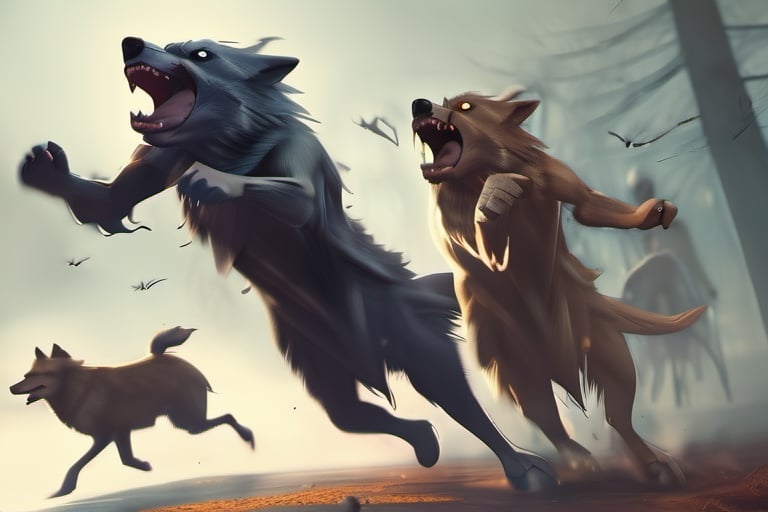 a pack of wolves fighting off a deer wendigo, spooky, Halloween,3d style