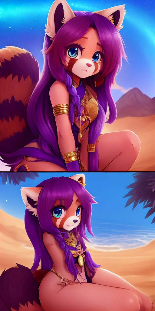 Comic Strip,, A young Red Panda girl is forced to walk across the desert to be left alone until she locates an isolated oasis.  Nighttime, raining, beauty, red_panda, ancient_egyptian, 1girl, vegetation, water, lavender_hair, blue_eyes, anthromorph, sand, high_resolution, digital_art, red_fur, fruits, cute_fang, golden_jewelry, messy_hair, curvy_figure, stars_(sky), sitting_down, emprisoned, lonely, loin_cloth, afraid
