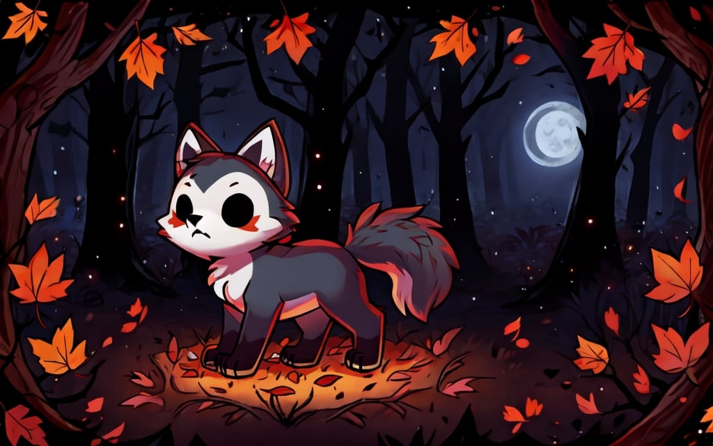 Comic_Strip, a cute scared wolf pup lost in a haunted forest, autumn_leaves, wolf, chibi, night, spooky,cute00d