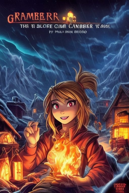 1990s book cover for a  juvenile cartoon horror with letters that look like melted wax for "Grim Night, by J.R. Ghostwood" a young woman of 14 with short strawberry blonde hair tied up in messy ponytails and ember eyes armed with an Epee and miner's lanterns in cold barren island 1850s town at night during a terrible storm who is being hunted by Vampires,fantasy00d,ppcp